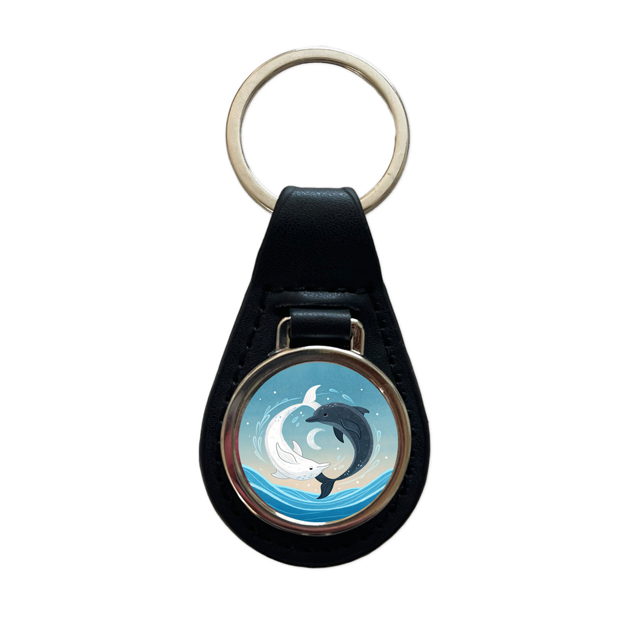 Two Dolphins Yin Yang Dark Light Black Leather Metal Keychain