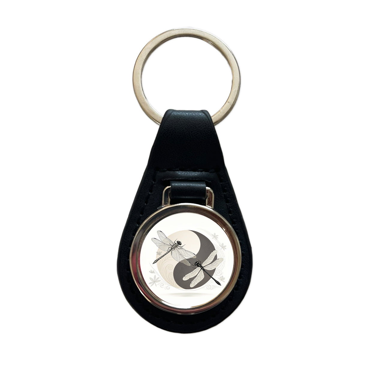 Two Dragonflies Yin Yang Black Leather Metal Keychain