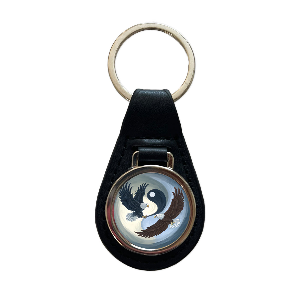 Two Eagles Yin Yang Black Leather Metal Keychain