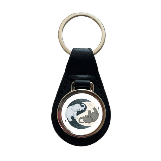 Two Elephants Yin Yang Black Leather Metal Keychain