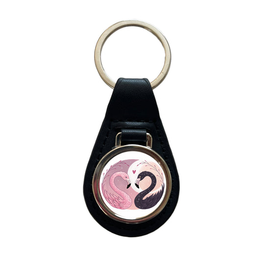 Two Flamingos Yin Yang Pink Black Black Leather Metal Keychain