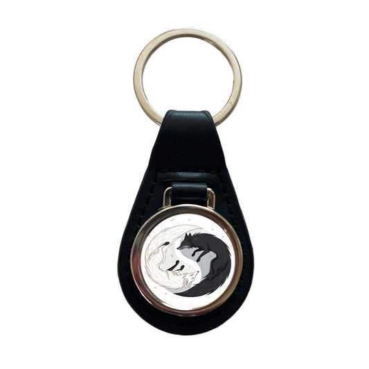 Two Foxes Yin Yang Black White Black Leather Metal Keychain