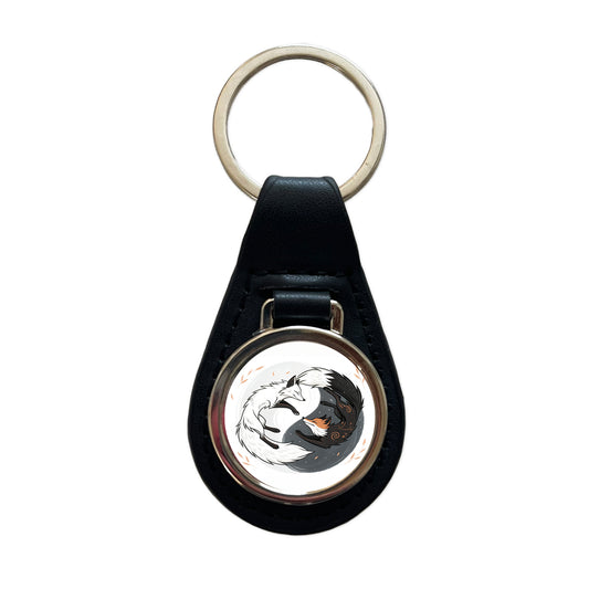 Two Foxes Yin Yang Black Leather Metal Keychain