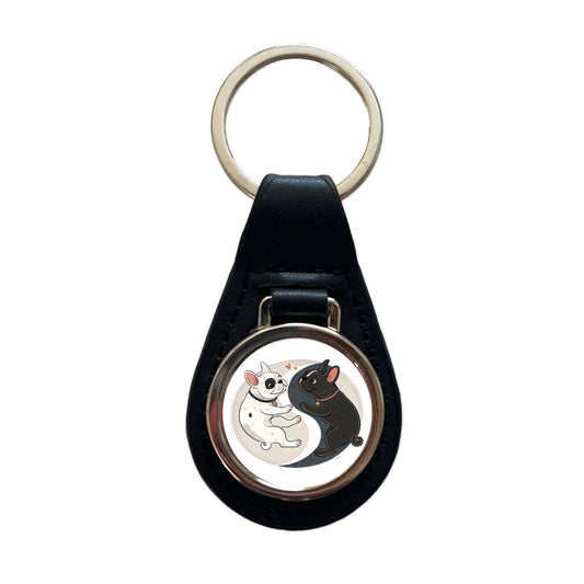 Two French Bulldogs Yin Yang Dark Light Black Leather Metal Keychain