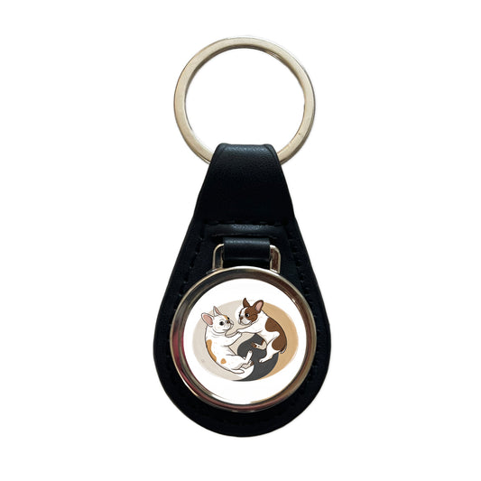 Two French Bulldogs Yin Yang Black Leather Metal Keychain