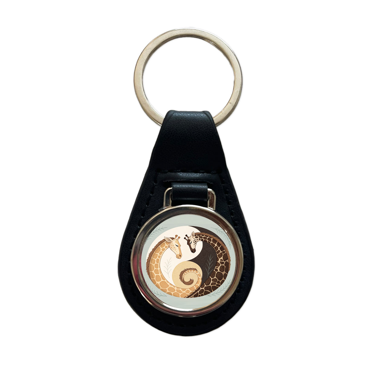 Two Giraffes Yin Yang Black Leather Metal Keychain