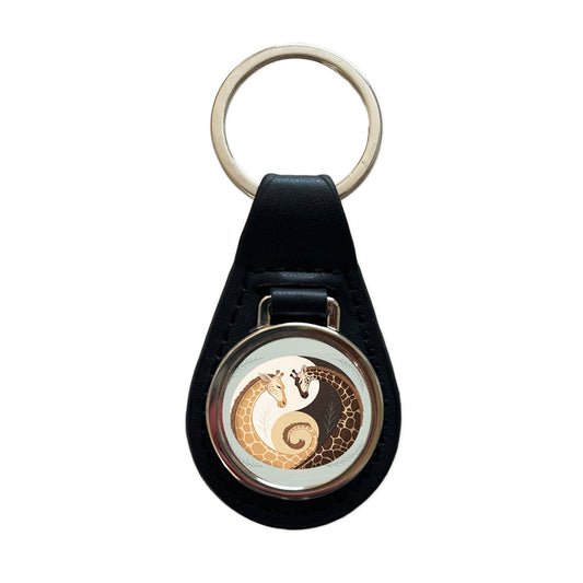 Two Giraffes Yin Yang Black Leather Metal Keychain