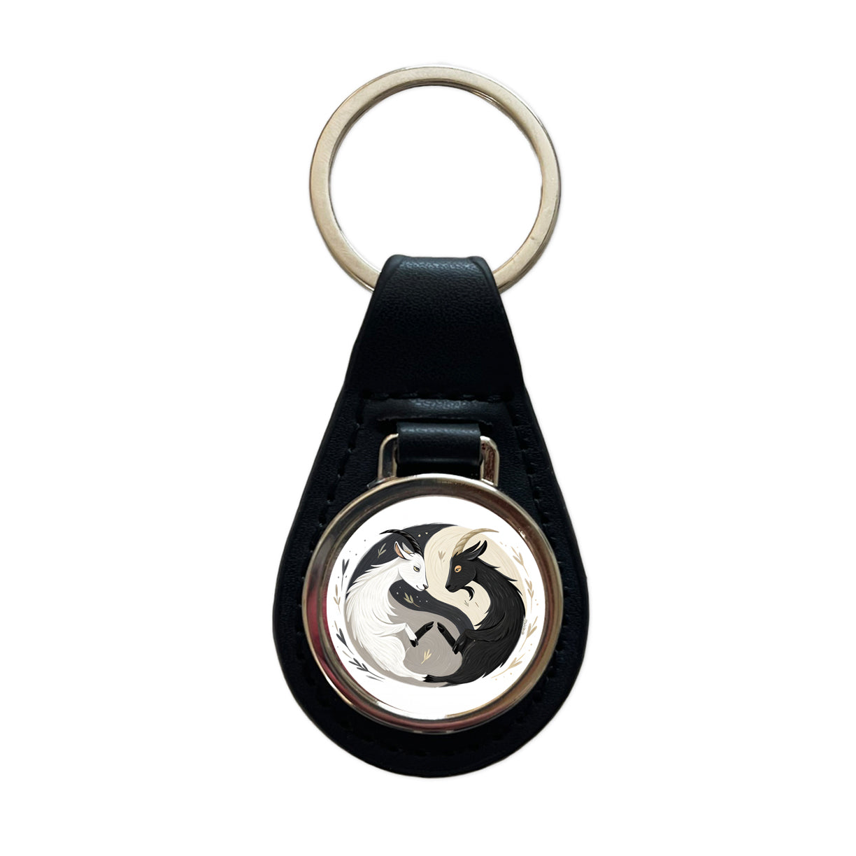 Two Goats Yin Yang White Black Black Leather Metal Keychain