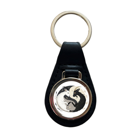 Two Goats Yin Yang White Black Black Leather Metal Keychain