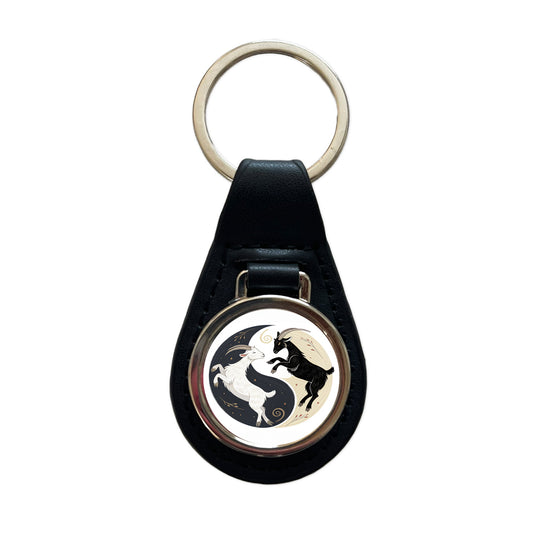Two Goats Yin Yang Black Leather Metal Keychain