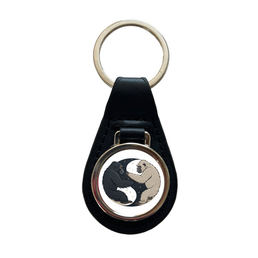Two Gorillas Yin Yang Black Leather Metal Keychain