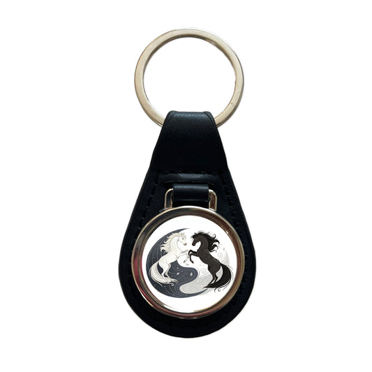 Two Horses Yin Yang Dark Light Black Leather Metal Keychain