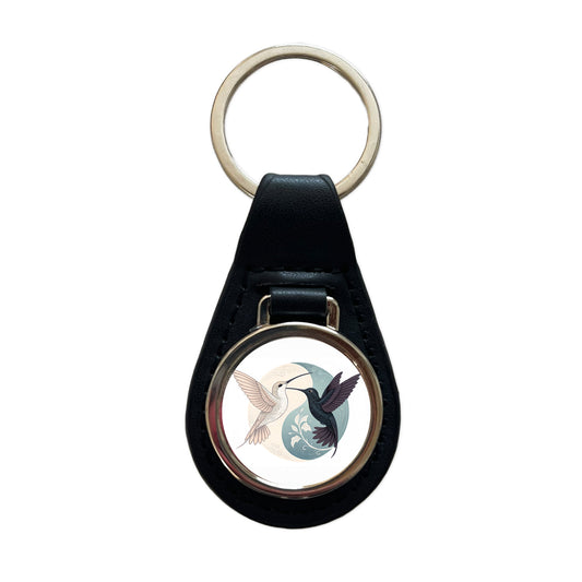 Two Hummingbirds Yin Yang Black Leather Metal Keychain