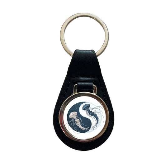 Two Jellyfish Yin Yang Black Leather Metal Keychain