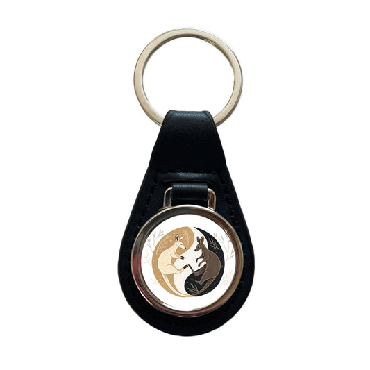 Two Kangaroos Yin Yang Dark Light Black Leather Metal Keychain