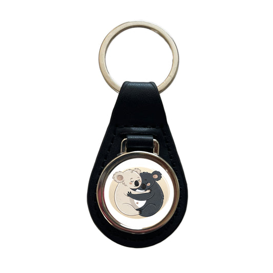 Two Koalas Yin Yang Dark Light Black Leather Metal Keychain