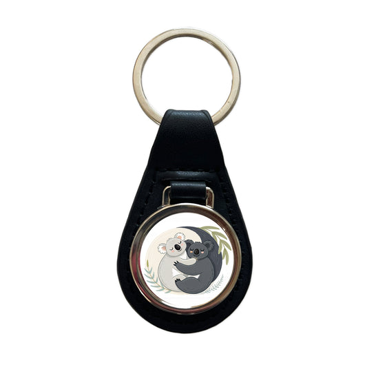 Two Koalas Yin Yang Black Leather Metal Keychain