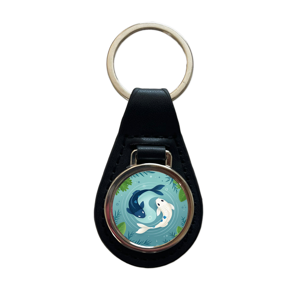 Two Koi Yin Yang Cute Black Leather Metal Keychain