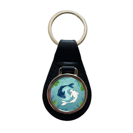 Two Koi Yin Yang Cute Black Leather Metal Keychain