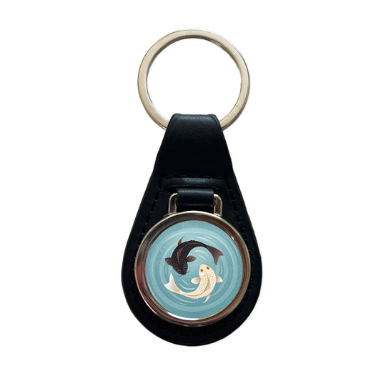 Two Koi Yin Yang Black Leather Metal Keychain