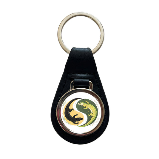 Two Komodo Dragons Yin Yang Black Leather Metal Keychain