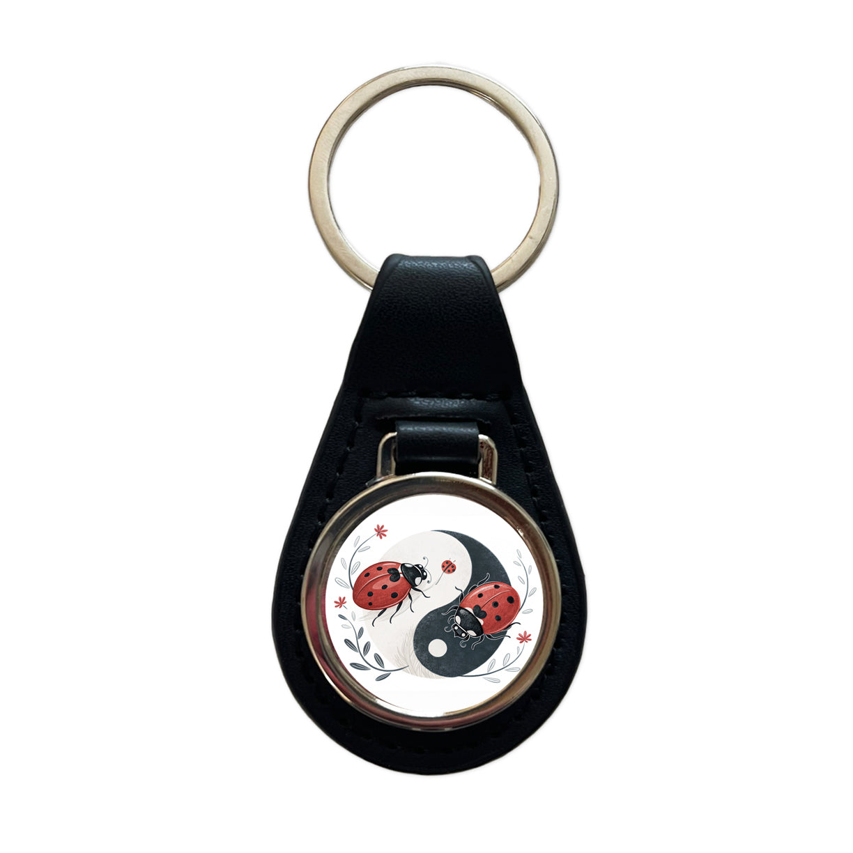 Two Ladybugs Yin Yang Cute Black Leather Metal Keychain