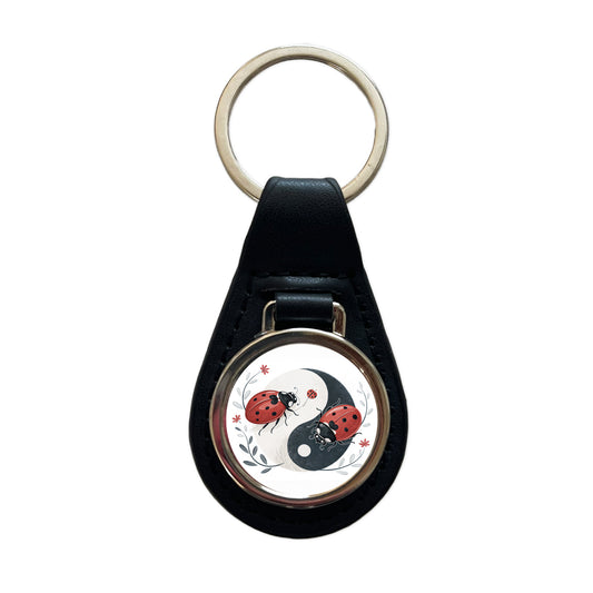 Two Ladybugs Yin Yang Cute Black Leather Metal Keychain