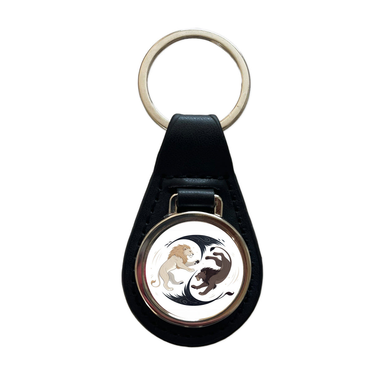 Two Lions Yin Yang Dark Light Black Leather Metal Keychain