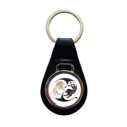 Two Lions Yin Yang Dark Light Black Leather Metal Keychain