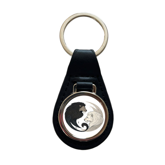 Two Lions Yin Yang Black Leather Metal Keychain