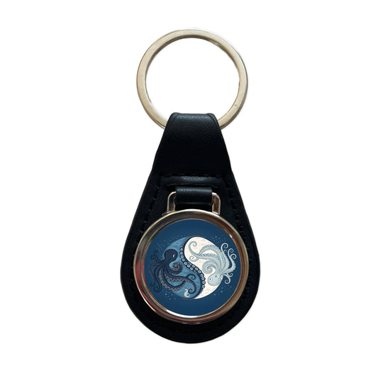 Two Octopus Yin Yang Blues Black Leather Metal Keychain