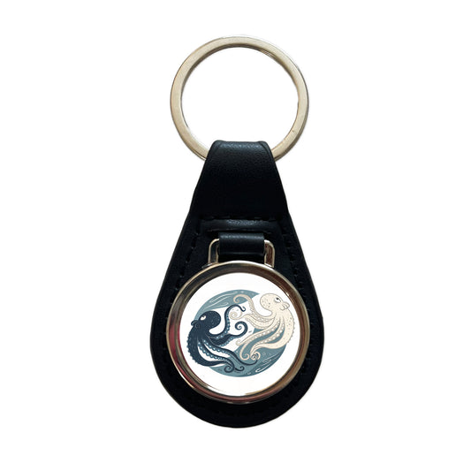 Two Octopus Yin Yang Black Leather Metal Keychain