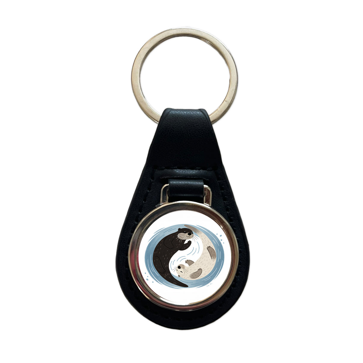 Two Otters Yin Yang Cute Black Leather Metal Keychain