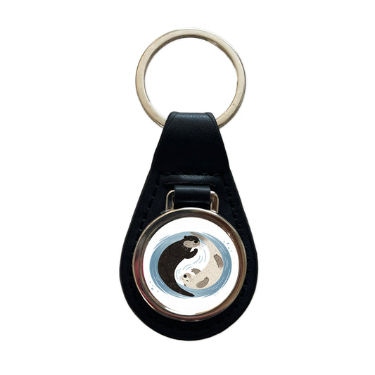 Two Otters Yin Yang Cute Black Leather Metal Keychain