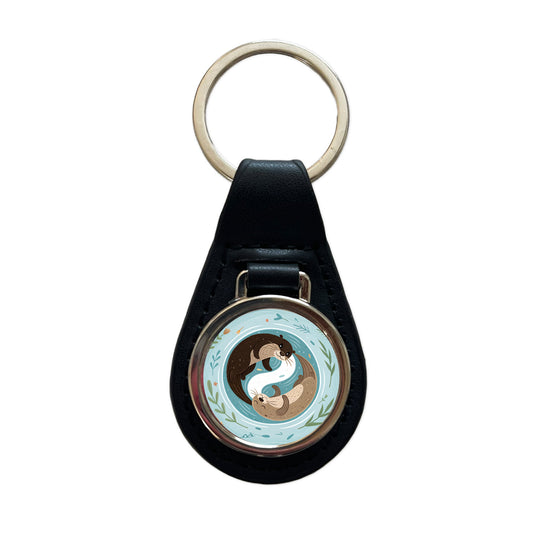 Two Otters Yin Yang Black Leather Metal Keychain