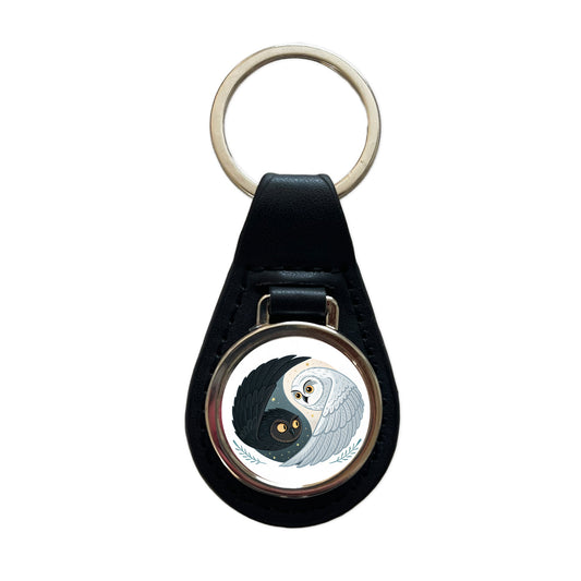 Two Owls Yin Yang Black White Black Leather Metal Keychain