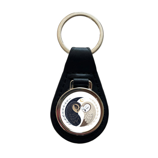 Two Owls Yin Yang Black Leather Metal Keychain