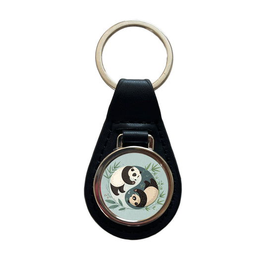 Two Pandas Yin Yang Cute Black Leather Metal Keychain