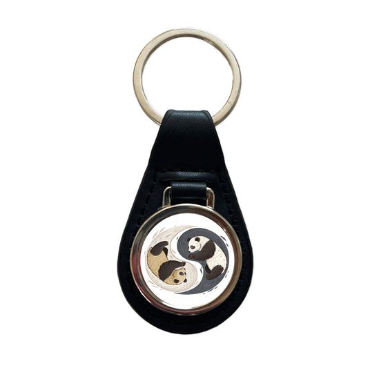 Two Pandas Yin Yang Black Leather Metal Keychain
