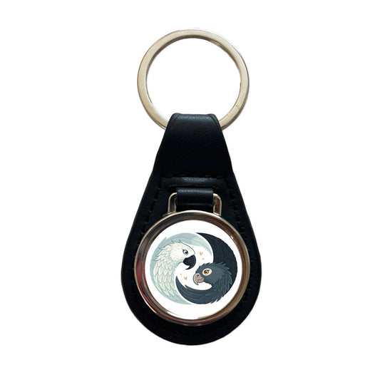 Two Parrots Yin Yang Sweet Black Leather Metal Keychain