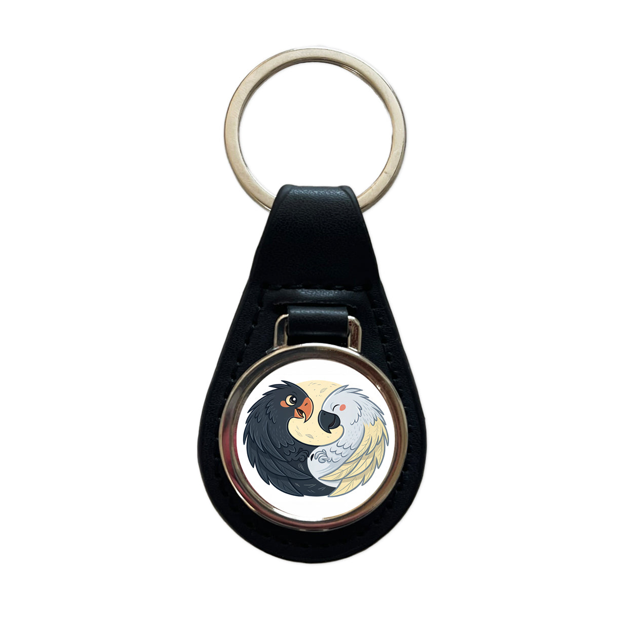 Two Parrots Yin Yang Black Leather Metal Keychain