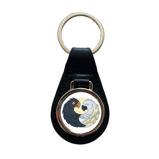 Two Parrots Yin Yang Black Leather Metal Keychain