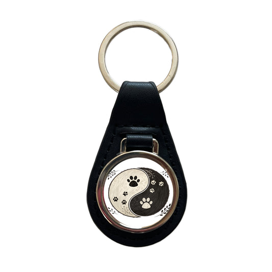 Two Paw Prints Yin Yang Dark Light Black Leather Metal Keychain