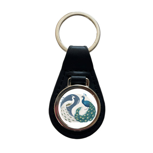 Two Peacocks Yin Yang Black Leather Metal Keychain