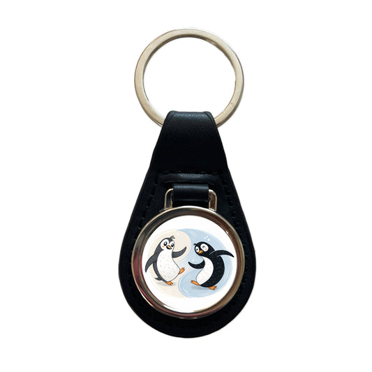 Two Penguins Yin Yang Cute Black Leather Metal Keychain