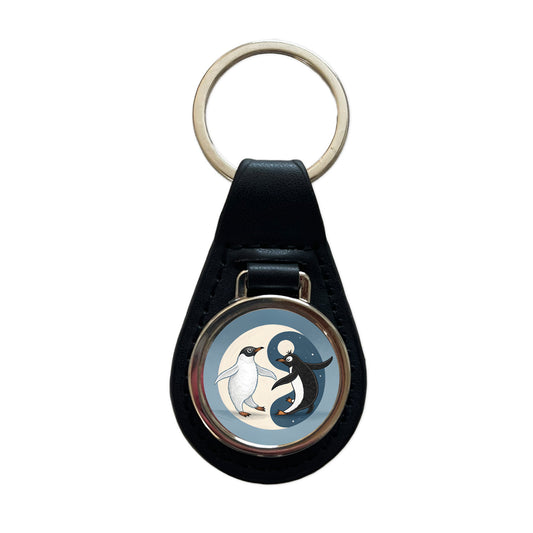 Two Penguins Yin Yang Black Leather Metal Keychain
