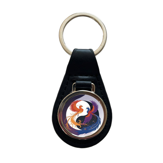 Two Phoenix Yin Yang Black Leather Metal Keychain