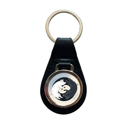 Two Pigs Yin Yang Black White Black Leather Metal Keychain