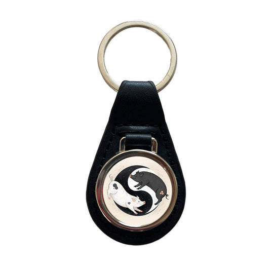 Two Pigs Yin Yang Cute Black Leather Metal Keychain
