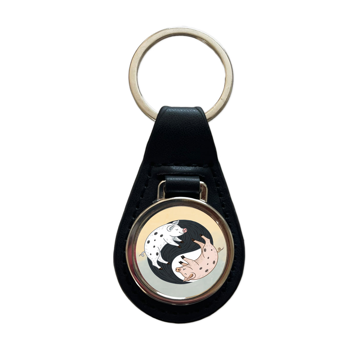 Two Pigs Yin Yang Sweet Black Leather Metal Keychain